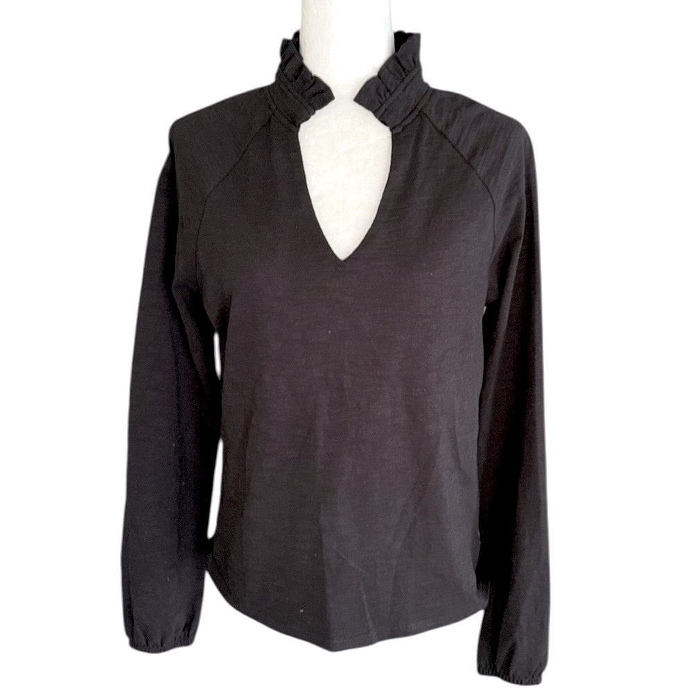 S’Edge Black High Ruffle Collar Split V-Neck Long Sleeve Top / Tee - M